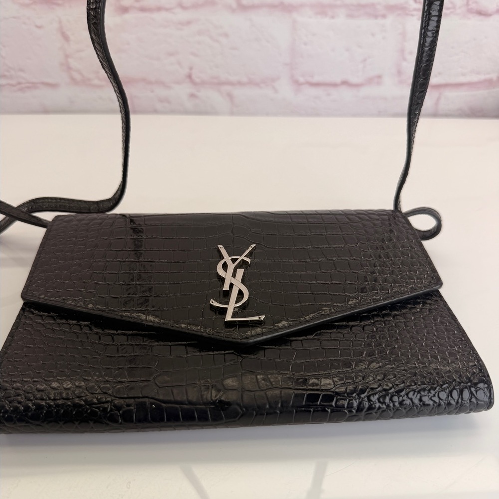 Saint Laurent Cassandra Black Croc-Embossed Envelope Wallet Crossbody Bag - Picture 8 of 15